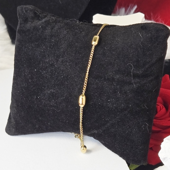 Gold Satellite Chain Bracelet Station Beaded Oval Link Adjustable Minimalist - Picture 5 of 5